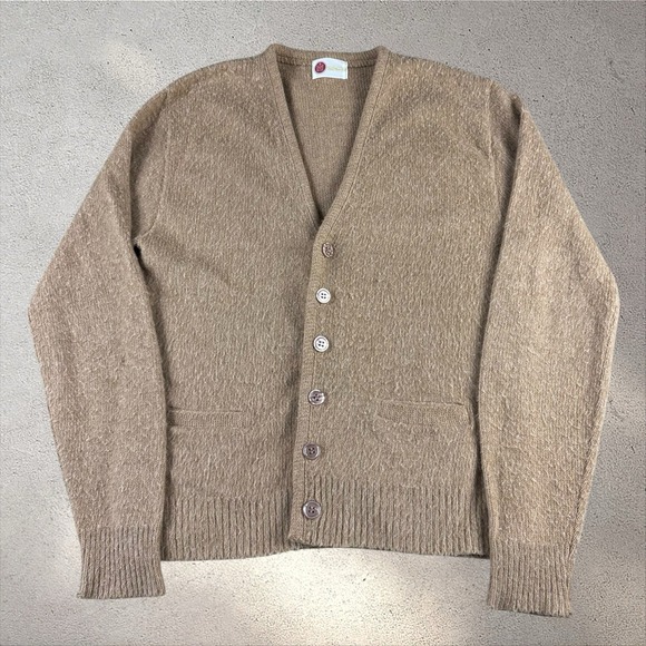Vintage Sears Kings Road Cardigan Mens Large Tan Mohair Blend 70s Brown Sweater